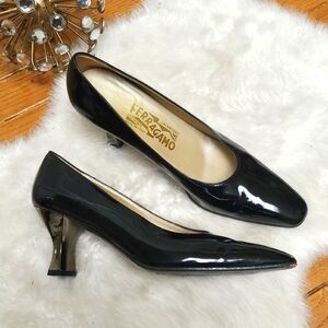 Salvatore Ferragamo Black Patent Leather Pumps With Metallic Heel